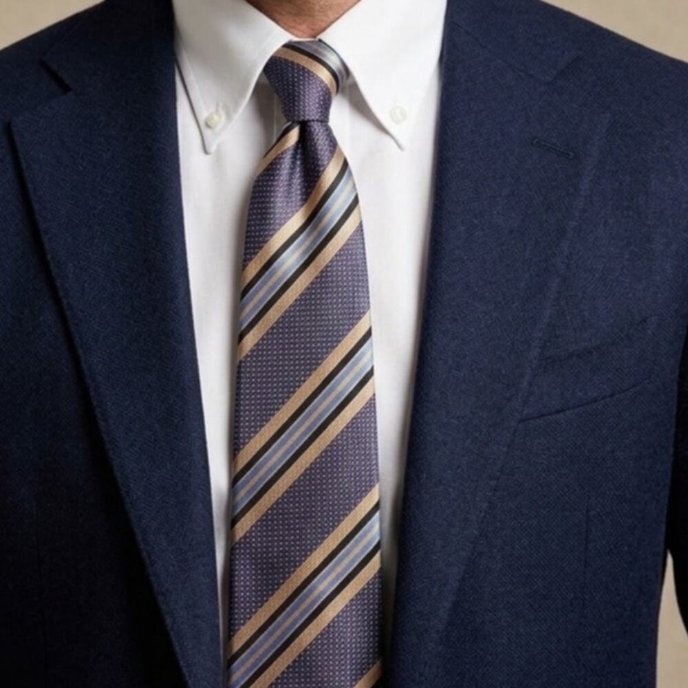 Polifroni Milano Striped Tie Blue Gold Purple Hand Made 100% Italian Silk Mens